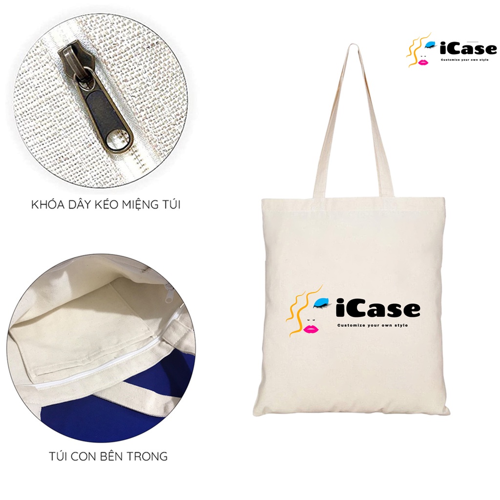 Túi vải Canvas iCase có khóa kéo in logo theo yêu cầu không giới hạn số lượng kích thước 33x38x10cm