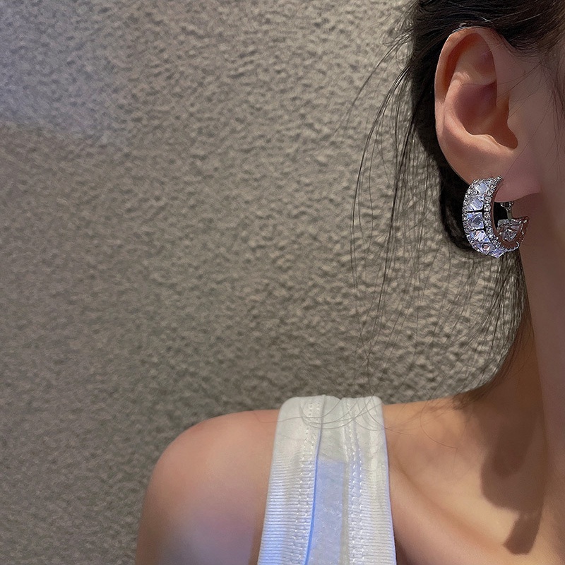 Bông Tai Mạ Bạc 925 Hình Chữ C Đính Đá Zircon Sang Trọng