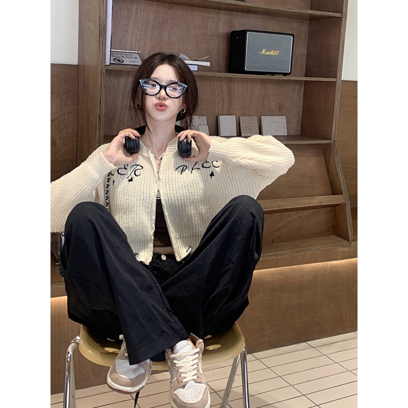 ZHELIHANGFEI Áo Khoác Cardigan Dệt Kim Tay Dài Lưng Cao Hở Rốn Gợi Cảm Cho Nữ