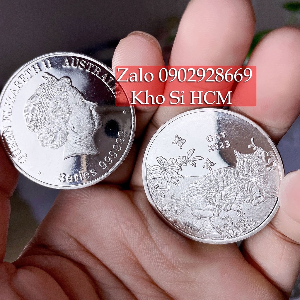 Đồng Xu Úc Hình Con Mèo Mạ Bạc 2023, kèm túi Phúc - Lộc, móc khóa vàng