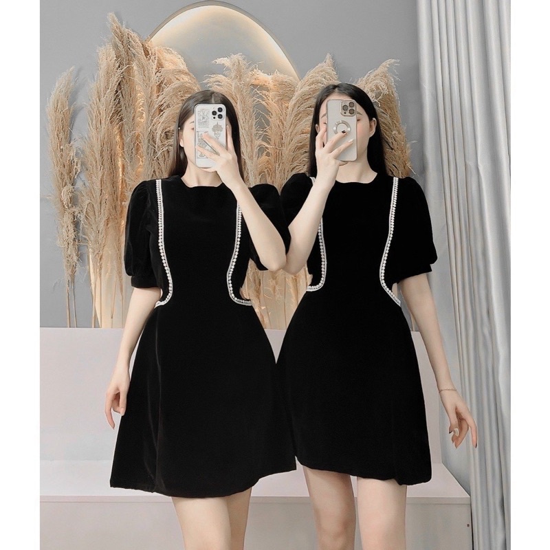 ĐẦM NHUNG ĐÍNH ĐÁ HỞ EO