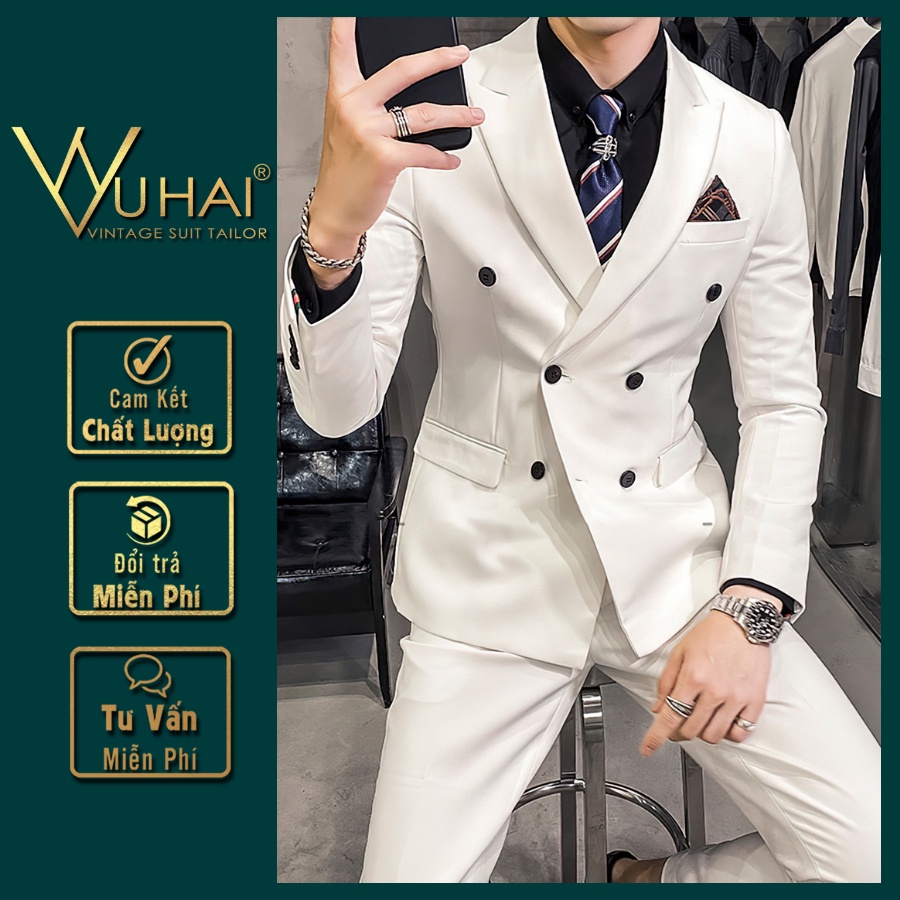 Bộ vest trắng 6 cúc Hàn Quốc, Blazer nam trẻ trung lịch lãm-Vu Hai