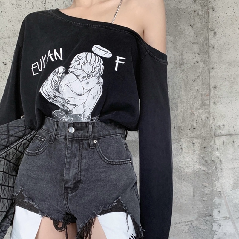 IELGYÁo Thun Nữ Dài Tay Lệch Vai In Họa Tiết Màu Đen Thời Trang