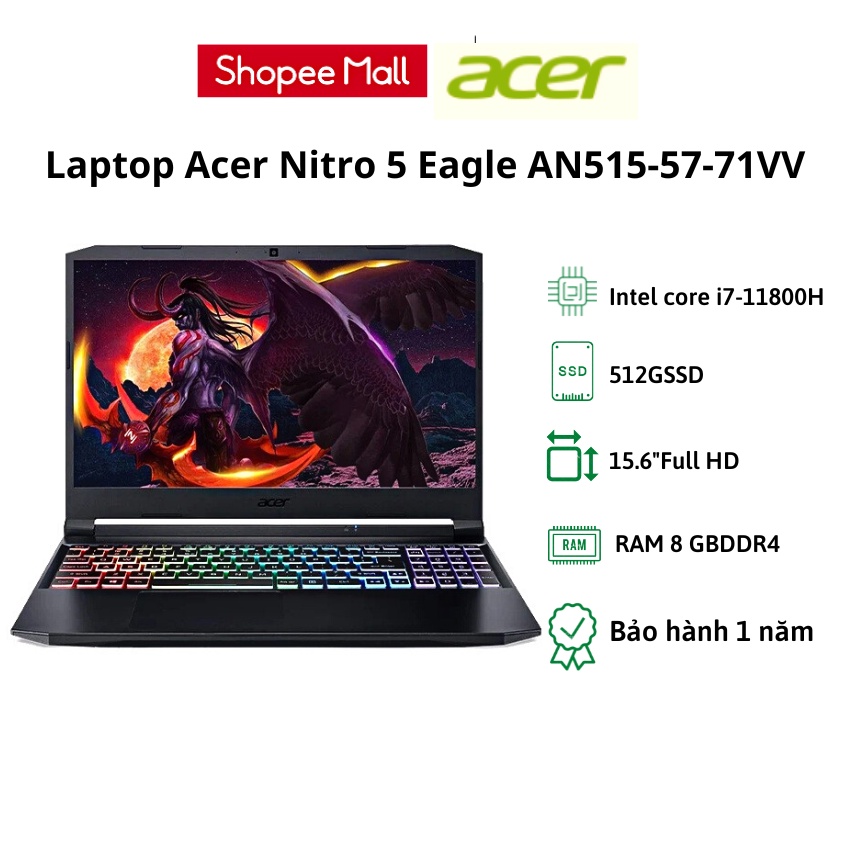 Laptop Acer Nitro 5 Gaming AN515 57 71VV /i7 - 11800H/8GB/512GB/RTX3050/15.6' FHD/144Hz