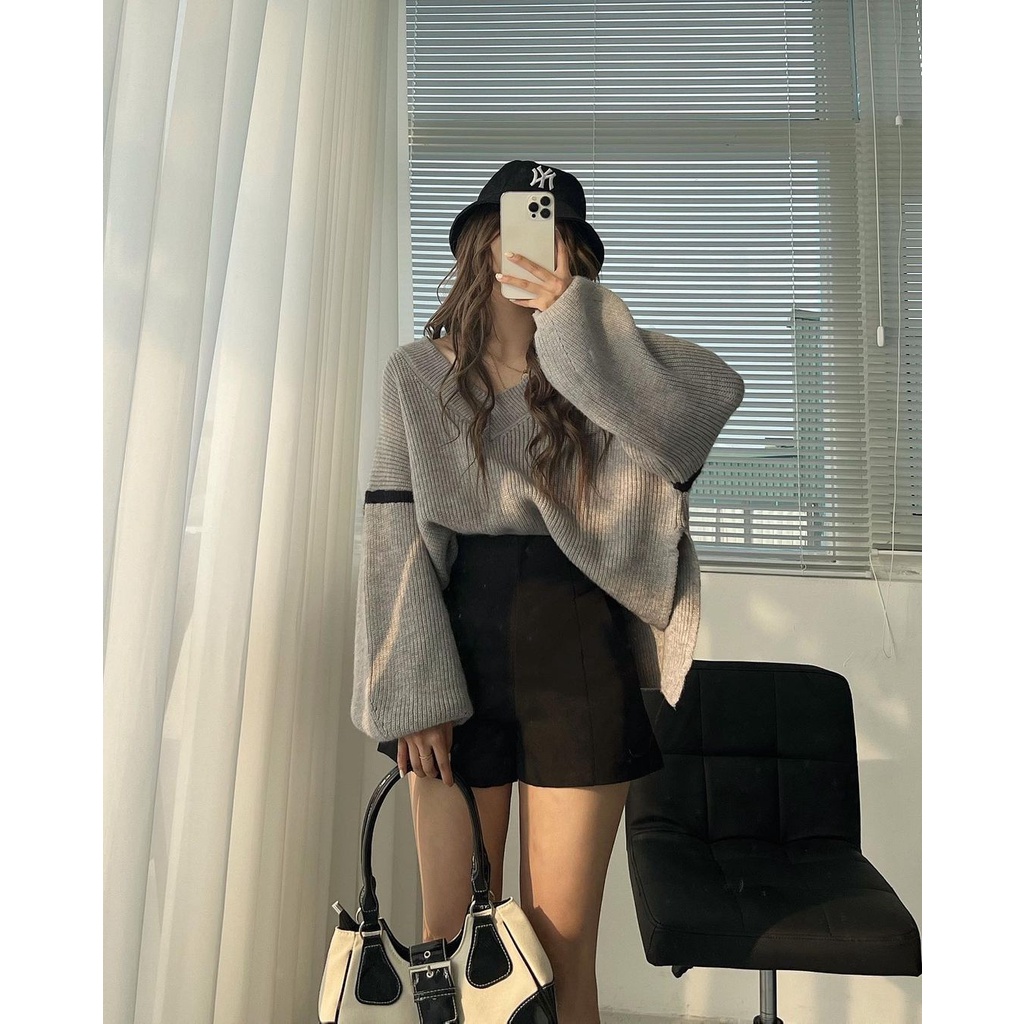 [SẴN] Áo len cổ tim dáng lửng xẻ tà vạch tay  Quảng Châu siêu mềm mịn
