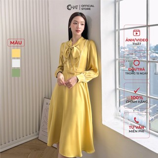 Đầm Nữ 𝐂𝐂𝐇𝐀𝐓 Cổ Nơ Buộc Đai Eo Dáng Xòe Chất Lụa Cao Cấp 22VDL8008XT