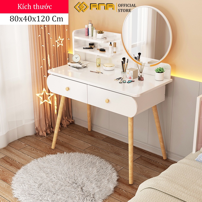 Bàn trang điểm LED 2 ngăn kéo, phong cách hiện đại, 2 màu Trắng - Vân Gỗ trang nhã (Mã AK02)