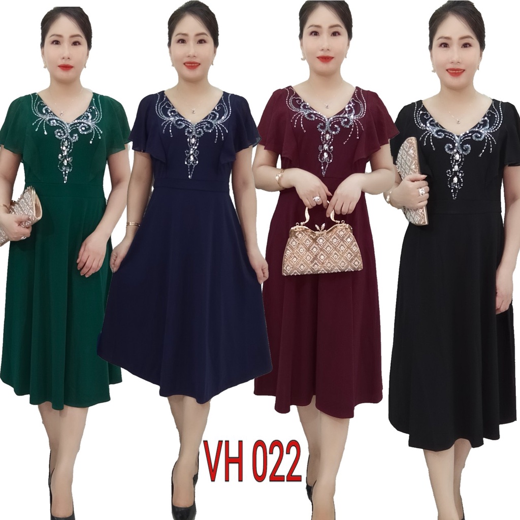 Đầm dự tiệc trung niên thiết kế cao cấp dáng xoè A,cổ V đính đá kết kim sa ,fom dáng che khuyết điểm bụng rất tốt