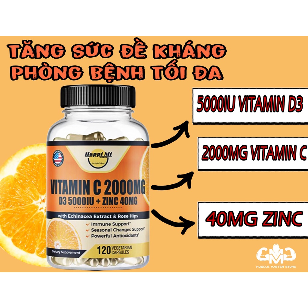 Viên Tăng Sức Đề Kháng, Hệ Miễn Dịch Mạnh Nhất Happi Mi Vitamin C 2000mg D3 5000IU + Zinc 40mg 120 Viên