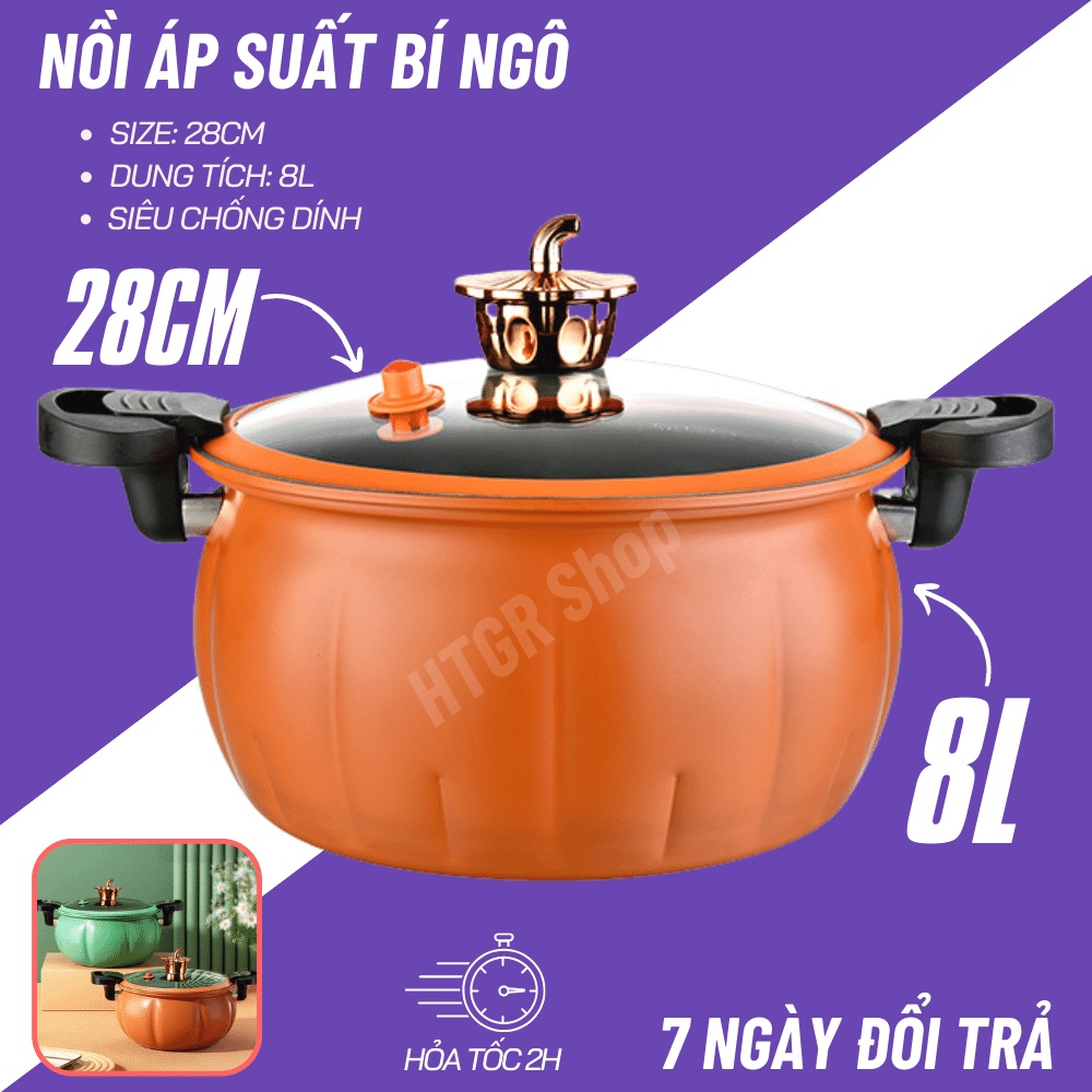 Nồi Áp Suất Chống Dính Bí Ngô 8L Thông Minh, Nồi Hầm 4in1 Đa Năng, Hầm Gà, Cháo- Nồi Chiên, Xào Nấu
