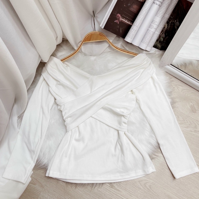 Áo trễ vai đắp chéo tay dài thời trang thu đông cao cấp