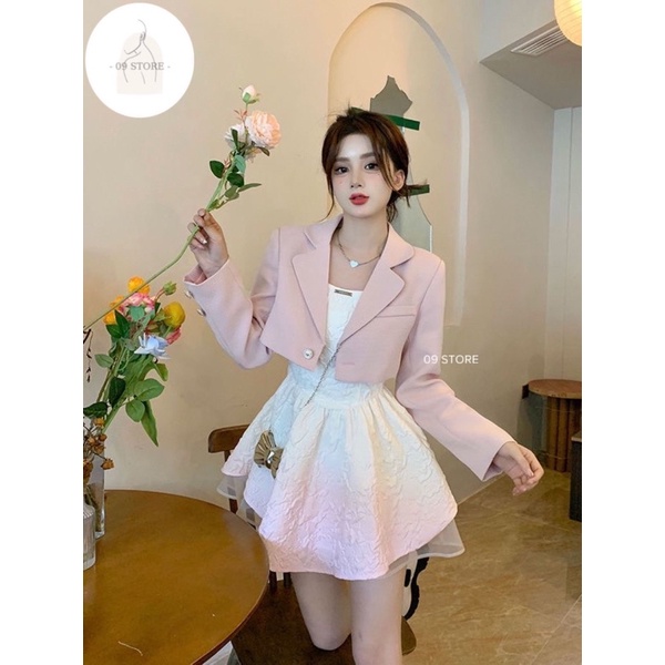 Set áo blazer ngắn + đầm 2 dây omber phong cách Hàn Quốc