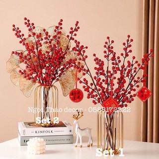 Set bình đào đông cao cấp, hoa giả trang trí