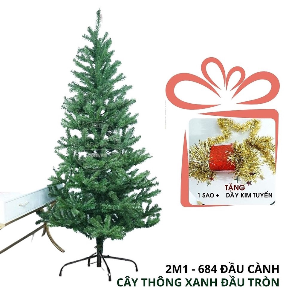 Cây thông xanh đầu tròn tán dày tặng kèm ngôi sao và dây kim tuyến hàng công ty Changchia cao từ 1,5m - 2,4m