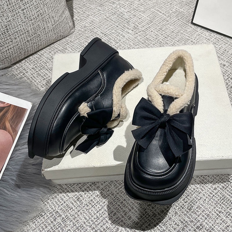 Giày Lười Da Lót Lông Cừu Đế Dày Đính Nơ Thời Trang Thu Đông