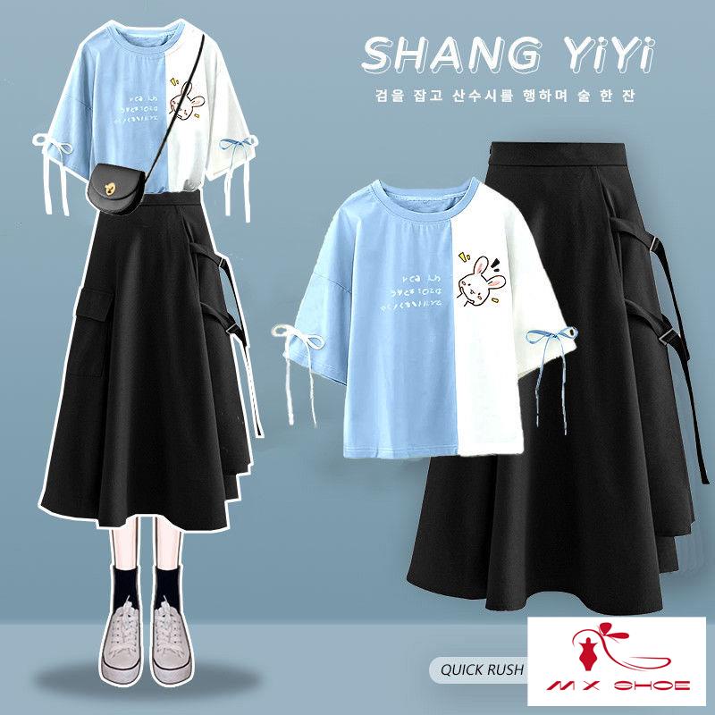 Set Áo Thun Tay Ngắn Dáng Rộng Thêu Họa Tiết + Chân Váy Thời Trang 2022 Cho Nữ