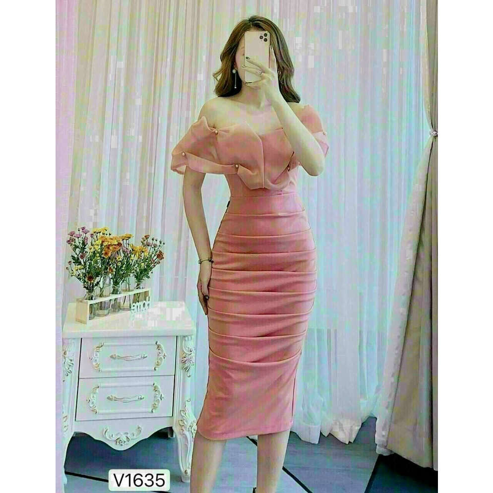 (Miễn Phí Ship) Đầm body thiết kế dự tiệc,đầm trễ vai đính ngọc xếp li tinh tế tôn dáng,chất umi cao cấp có mút