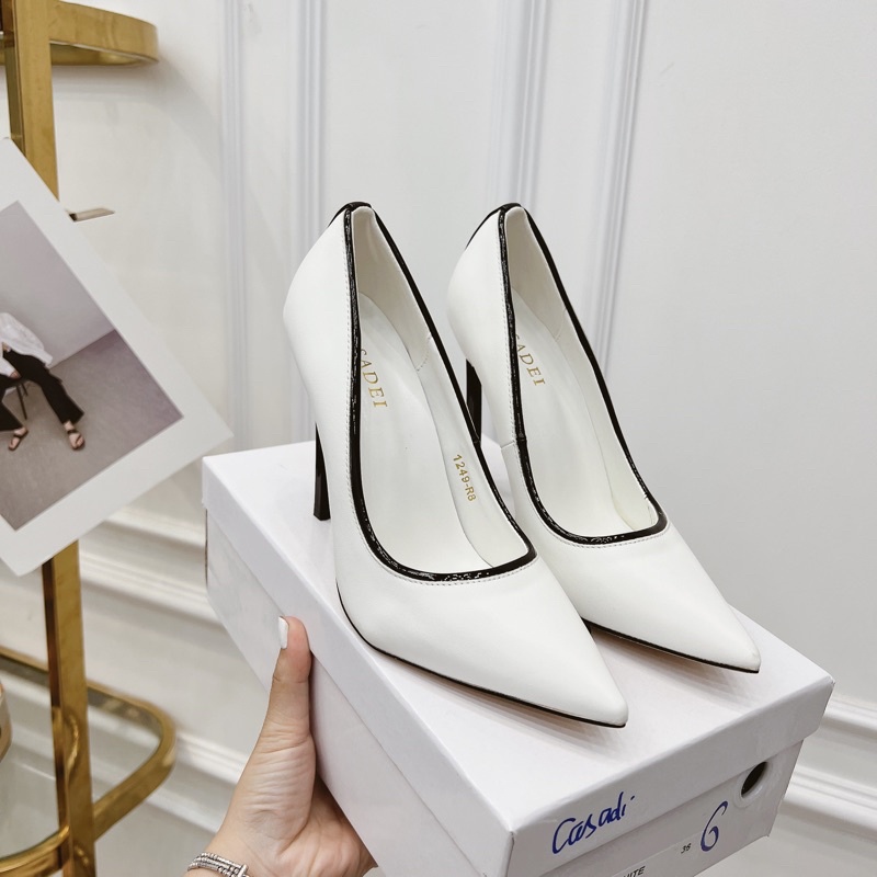 Giày cao gót casadi trắng mũi nhọn gót nhọn fullbox hàng quảng châu cao cấp