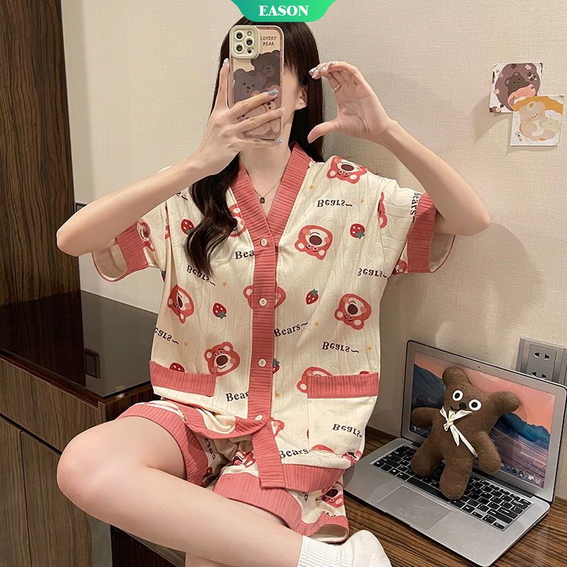 Bộ Đồ Ngủ Tay Ngắn Dáng Rộng In Hình Gấu Và Dâu Tây Dễ Thương Thời Trang Mùa Hè 2022