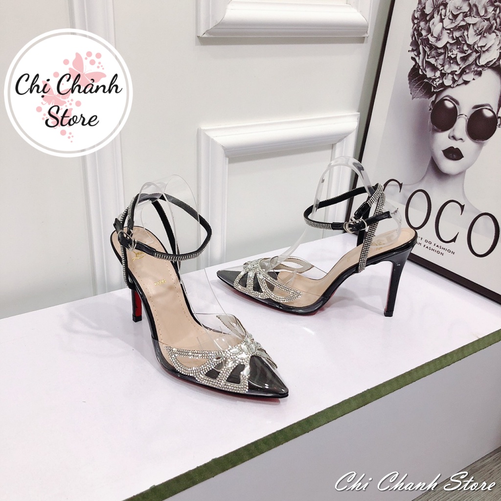Sandal Cao Gót 9p Quai Trong Ép Đá Cực Xinh Sang Hàng Cao Cấp Chuẩn Form - 2 màu Đen Bạc Chị Chảnh Store