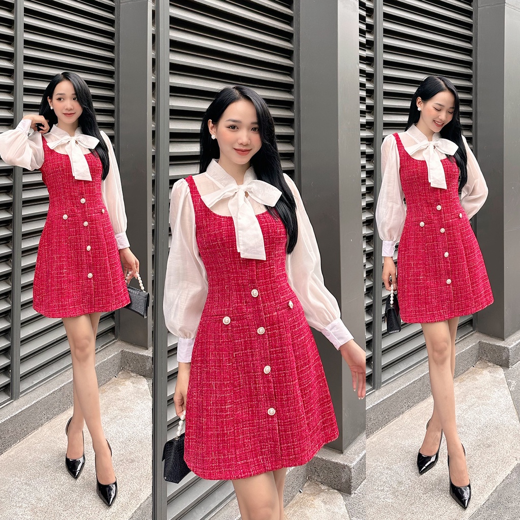 [Ảnh thật + video] Đầm dạ tweed đỏ phối tơ