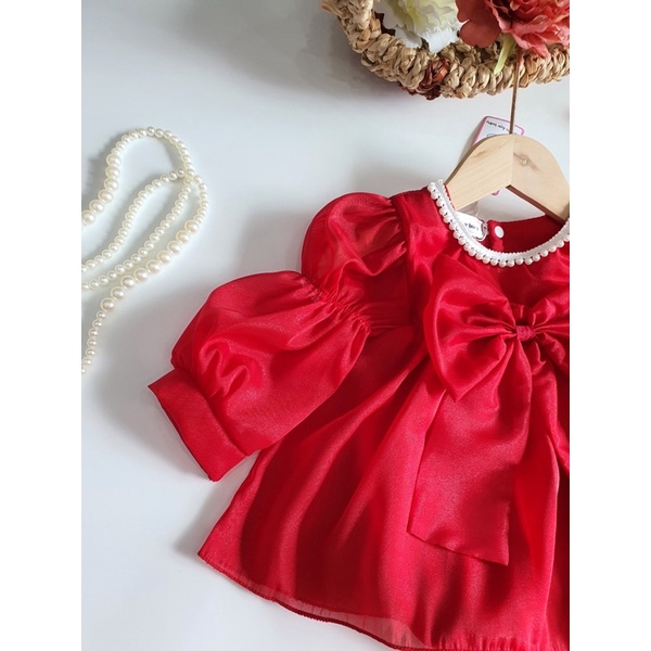 Váy Xô Muslin Đỏ Phối Ren, Body Váy Tơ Đỏ Nơ Xinh Xắn Cho Bé Gái Sơ Sinh