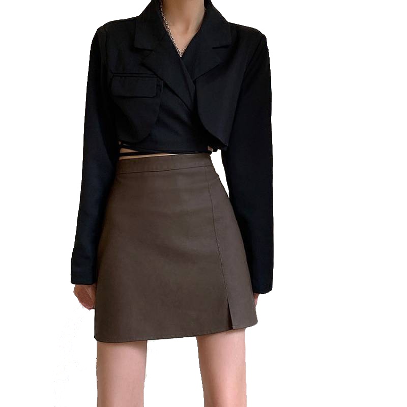 Chân váy xẻ tà PHUONGMOON, chân váy da ngắn, chất liệu da PU