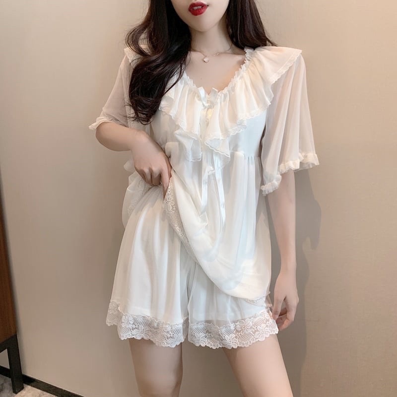Set bộ mặc nhà áo tiểu thư tay loe, quần đùi chất thun lưới cao cấp