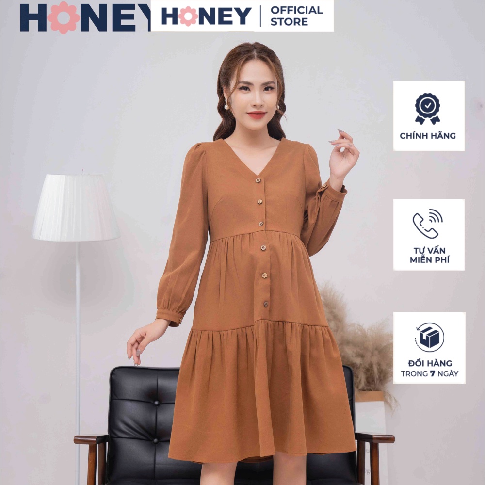 Đầm thiết kế chất liệu nhung mịn cổ tim dáng babydoll tay dài - thời trang đầm bầu cao cấp honey