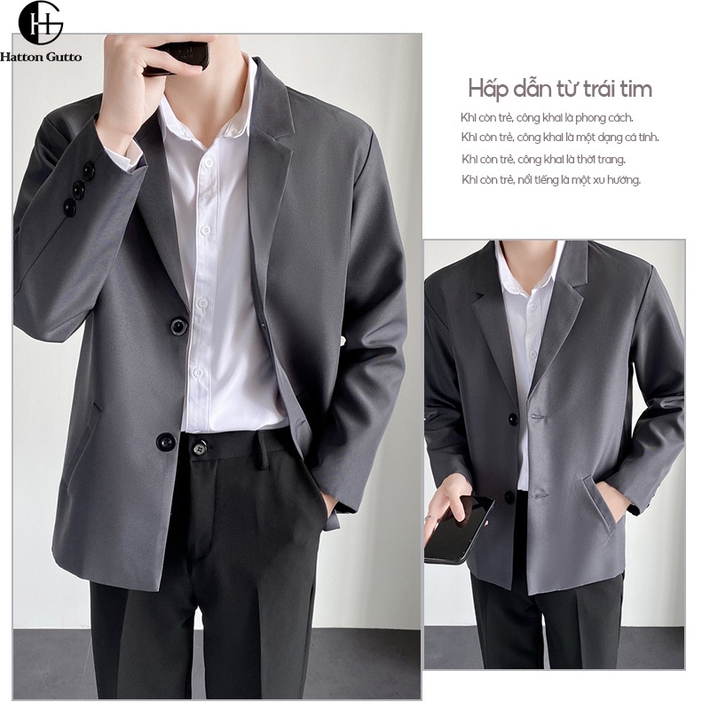 Áo blazer HATTON GUTTO dáng dài rộng phối cổ tay sành điệu màu be đen phong cách Hàn Quốc thời trang unisex cho nam