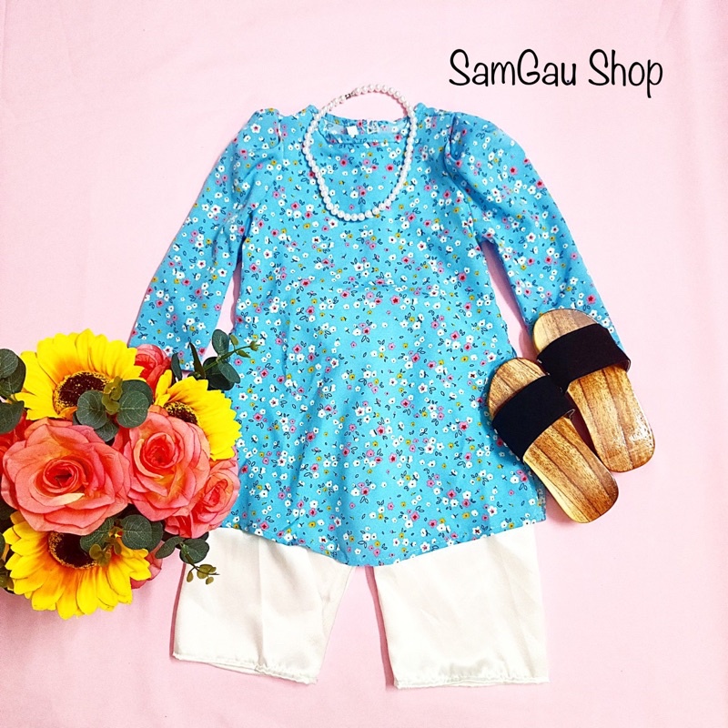 Áo Dài Tết Hoa Nhí cho bé gái màu Xanh Đỏ Vàng Hồng xinh yêu