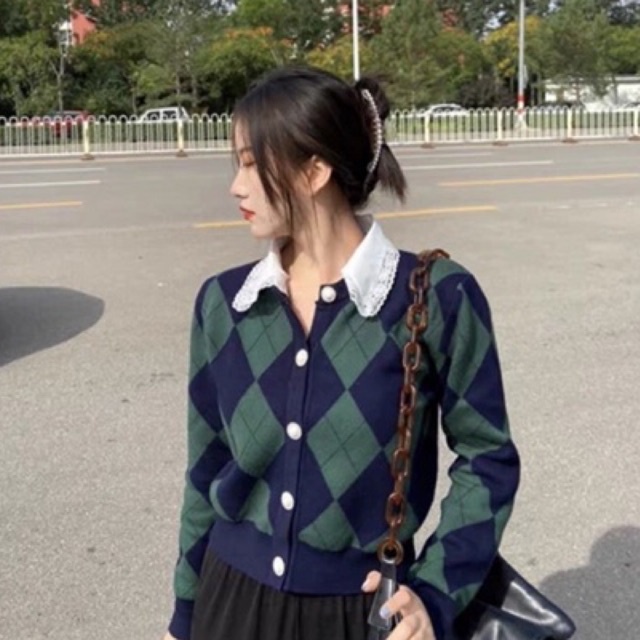 Áo cardigan len dệt kim tay dài cổ búp bê viền ren hoạ tiết quả trám ulzzang Hàn Quốc SAM SAM BOUTIQUE