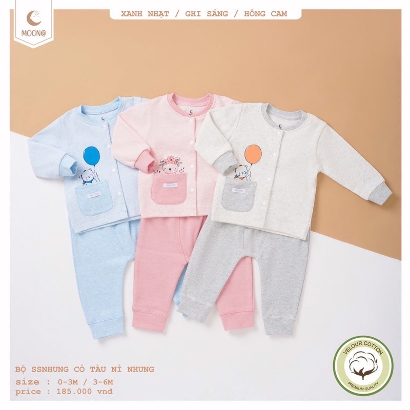 Bộ Quần Áo Thu Đông Sơ Sinh, Bộ Cúc Giữa Nỉ Nhung Bé Trai, Bé Gái Hãng MOON 0-6M