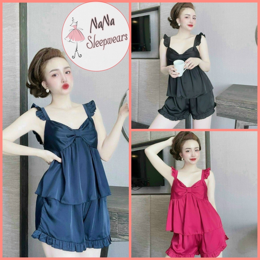 🍀🍀Siêu rẻ 🍓🍓sét đồ ngủ vây bèo lụa satin hai dây nơ siêu xinh💕💕Bán sỉ 🍀 Freeship