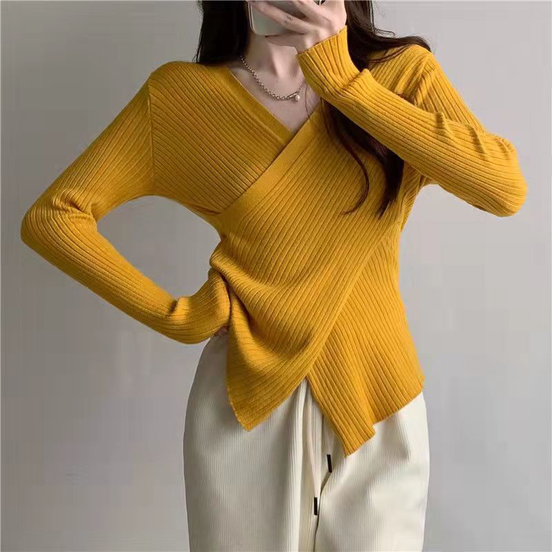 [Giao Ngay] Áo Sweater Đen Tay Dài Cổ Chữ V Chéo Màu Trơn Dáng Ôm Thời Trang Mùa Xuân Mới Cho Nữ