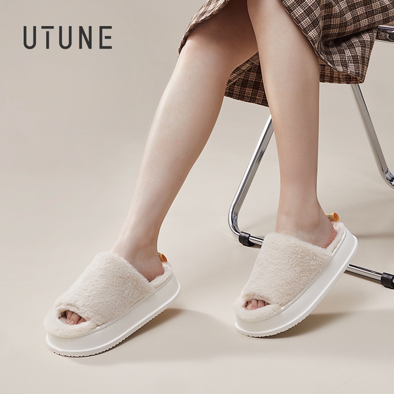UTUNE Dép Bông Phẳng Đi Trong Nhà Đế Dày Hở Ngón Chống Trượt Thời Trang Thu Đông Cho Nữ