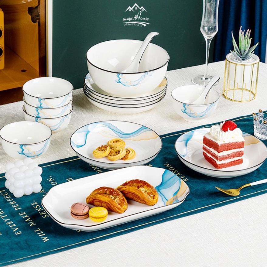 Bộ Bát Đĩa Ăn Cơm Phong Cách Bắc Họa Tiết Lụa Mềm Mại - Mẫu 5