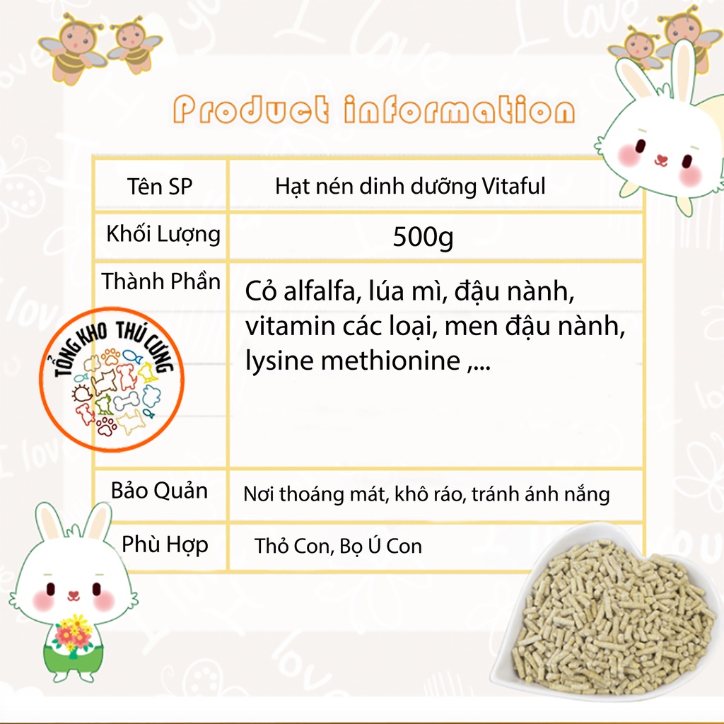 Thức ăn hạt nén Vitaful cho thỏ con, thỏ mẹ mang thai, cho con bú, giàu dinh dưỡng, thơm ngon, tốt cho sức khỏe