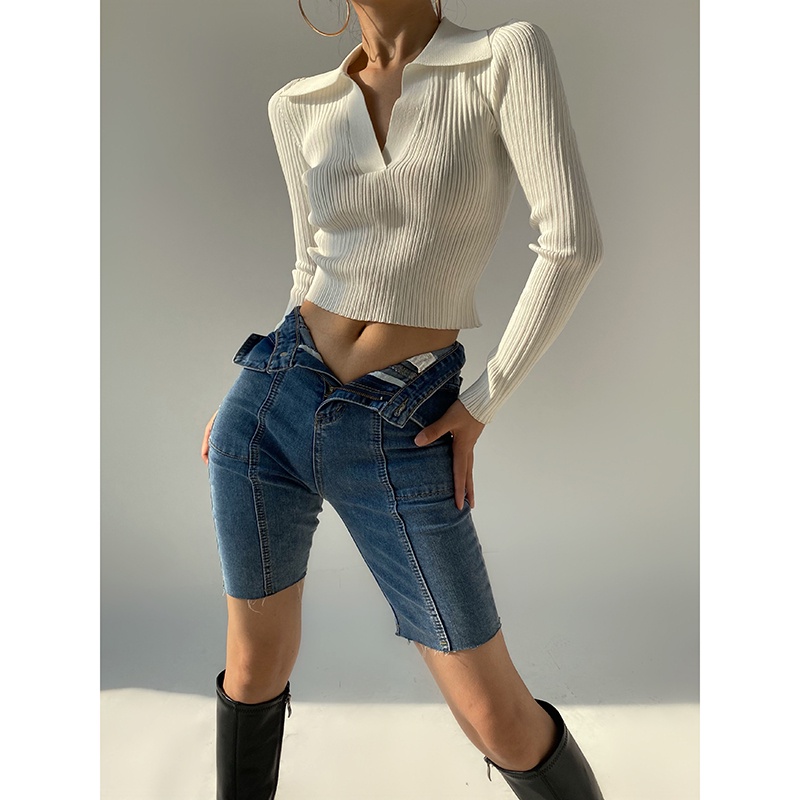 QKOOLE  Áo Croptop Tay Dài Màu Trơn Cổ Polo Thời Trang Hàn Quốc Cho Nữ