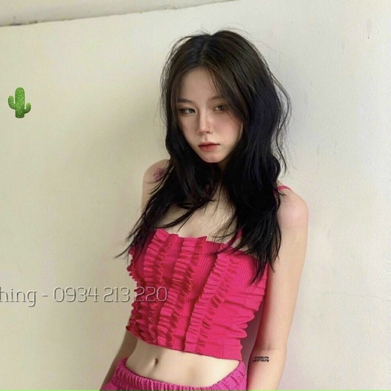 Áo 2 dây phối bèo tiểu thư chất gân co giãn, thời trang mùa hè