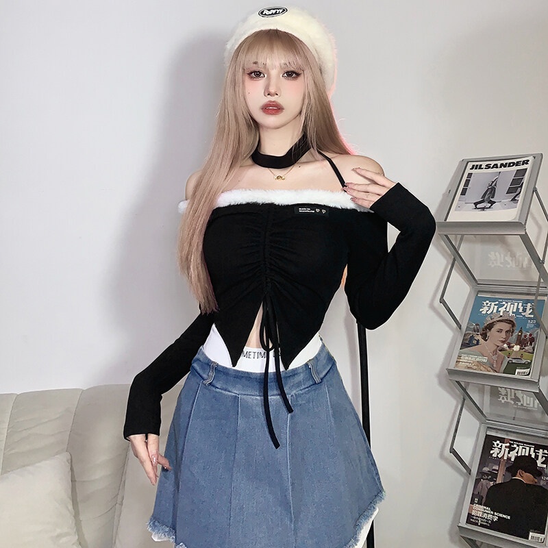 Weird Puss Áo Croptop Trễ Vai Tay Dài Phối Lông Thời Trang Quyến Rũ Cho Nữ