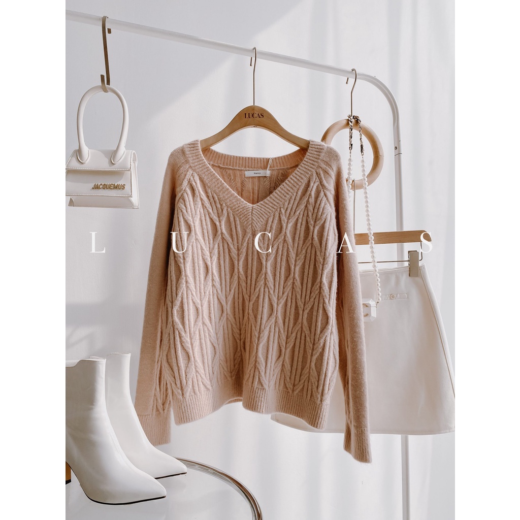 Áo len hồng vặn thừng cổ v tay dài dáng basic
