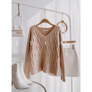 Áo len hồng vặn thừng cổ v tay dài dáng basic