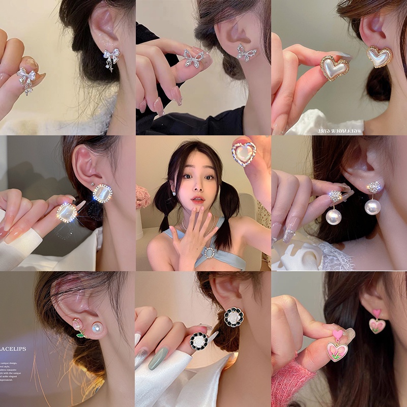 Khuyên tai IF ME kiểu nơ/ hoa đính ngọc trai lấp lánh thời trang cho nữ