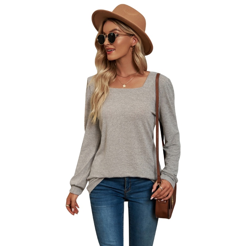 Áo Sơ Mi Tay Phồng Cổ Vuông Màu Sắc Trơn Phong Cách Vintage Cho Nữ