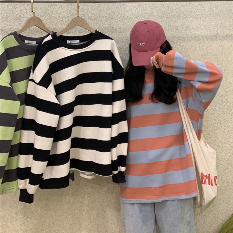 Áo Nỉ Tay Dài Cổ Tròn Họa Tiết Kẻ Sọc Phong Cách Harajuku Nhật Bản Cho Nữ