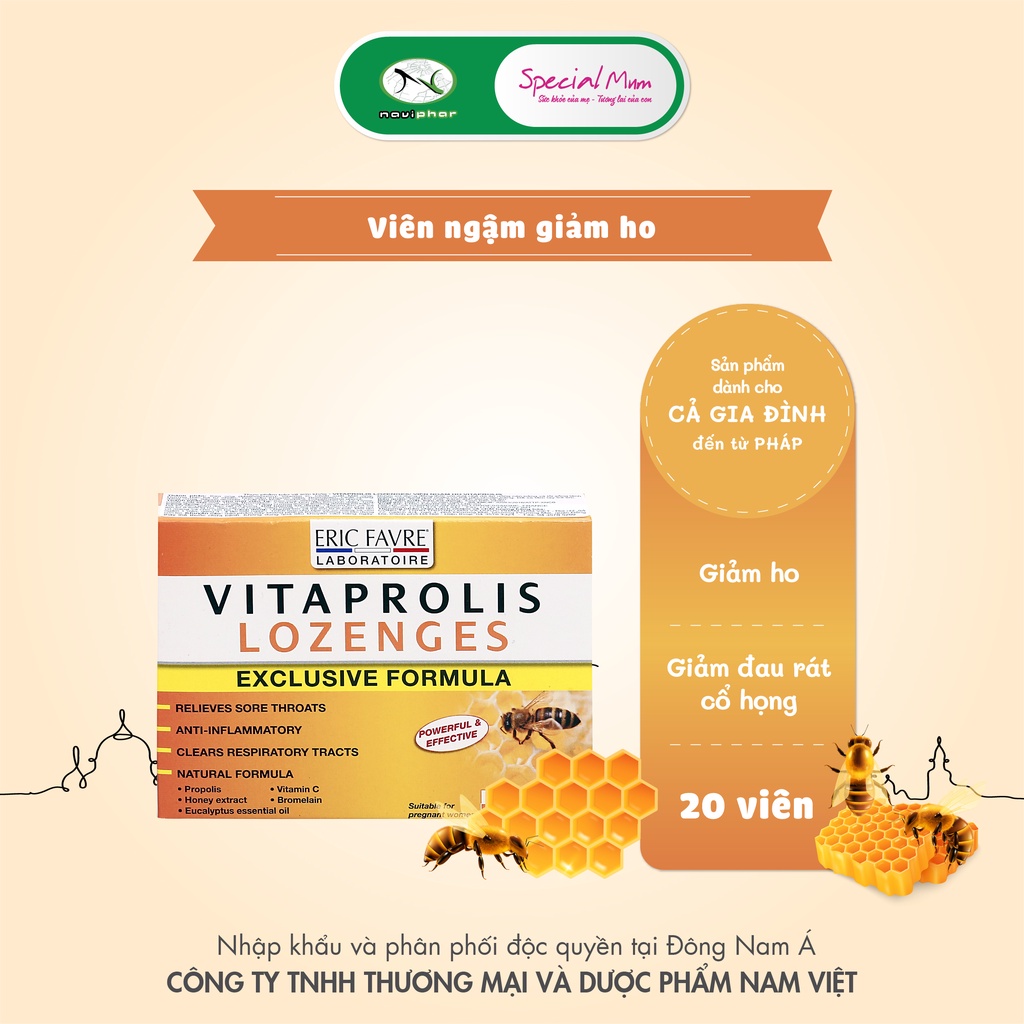 Viên ngậm ho, Giảm đau rát cổ họng 20 viên Vitaprolis Lozenges Special Kid [Eric Favre - Pháp]