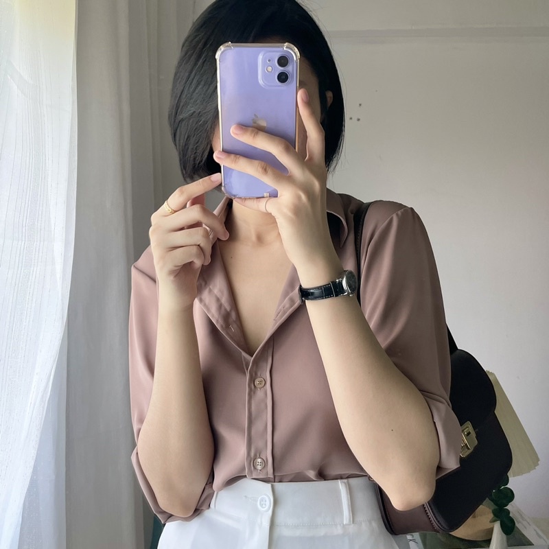 Áo sơ mi nữ màu nâu tây tay dài công sở form rộng kiểu Hàn Quốc mã AV02