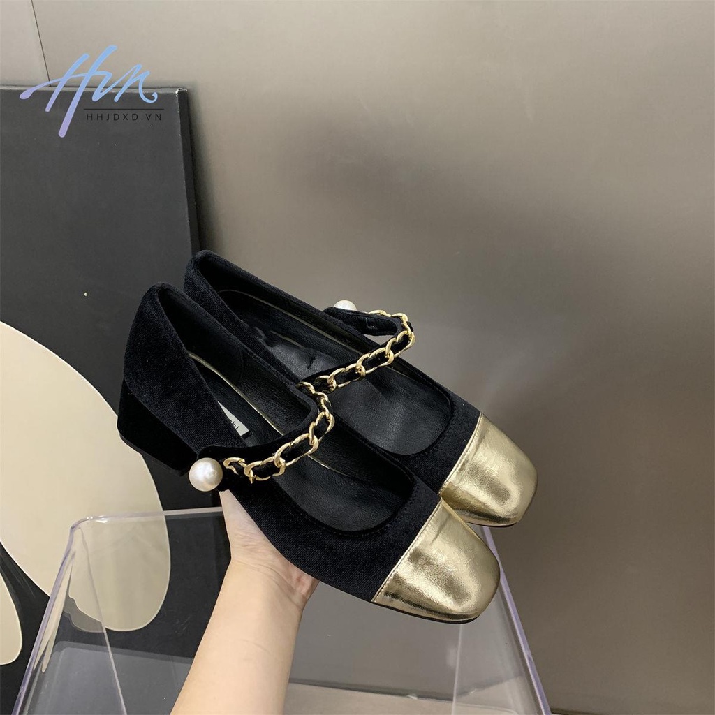 Giày Mary Jane Gót Vừa Phối Nhung Thời Trang Xuân Thu 2022 Mới Cho Nữ