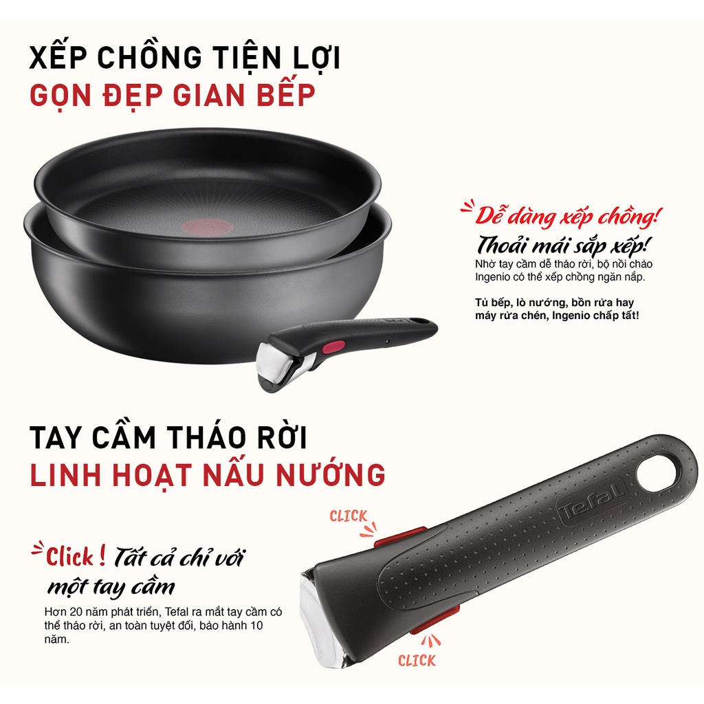 Bộ nồi chảo cán rời 3 món Ingenio Daily Chef  (chảo sâu 26cm, chảo chiên 24cm, cán cầm rời) (8 năm)